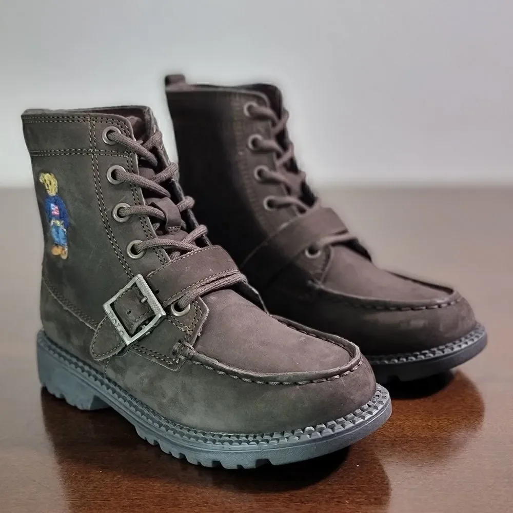 Polo Ralph Lauren Bear Leather Suede Brown Ranger Combat Boots Kids Sizes New